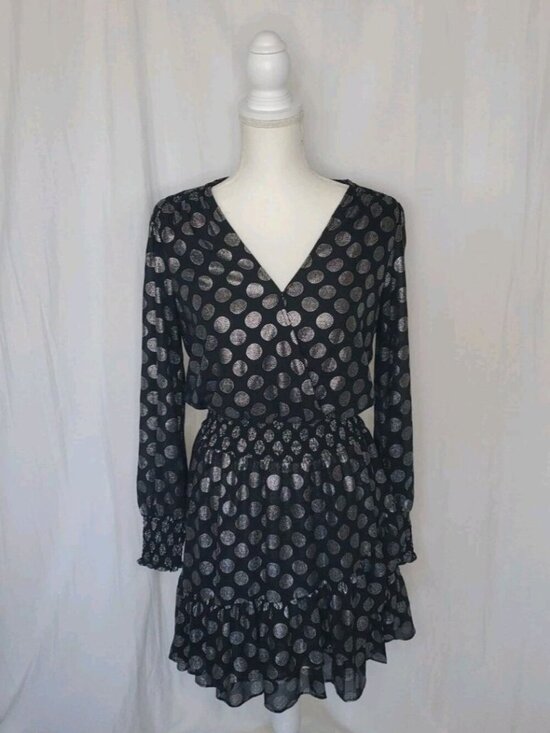 Michael Kors Dresses & Skirts - Michael Kors Black & Silver Polka Dot Surplice Long Sleeve Tiered Mini Dress M